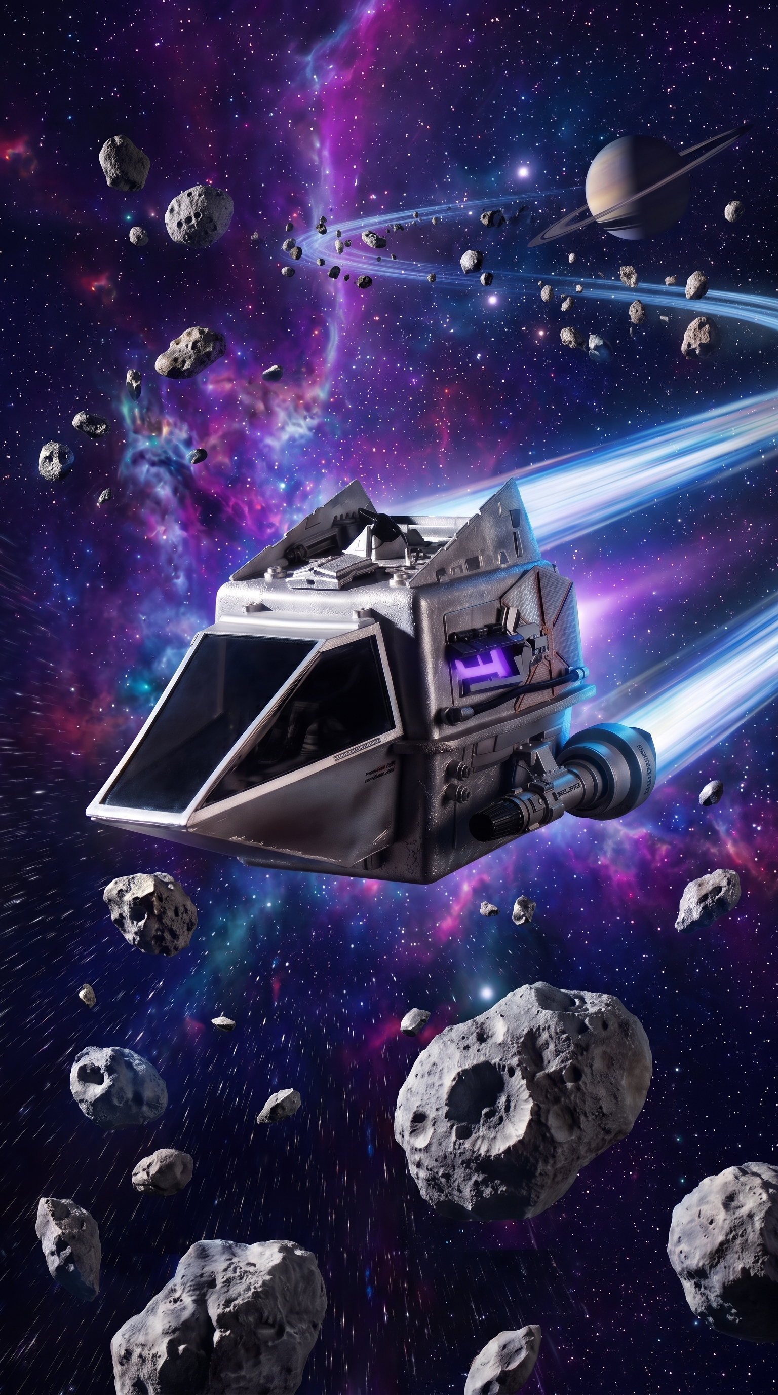 The Space Cats ship blasting through asteroids